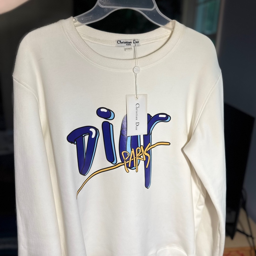 Dior Cream Crewneck Sweater with Blue and Yellow Logo